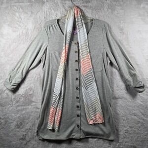 City Hearts Tunic Top Womens Medium Gray Button Front Ruched Sleeve Scarf Set